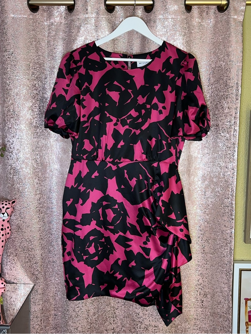 NWOT Milly Abstract Silky Pink & Black Rose Print Dress